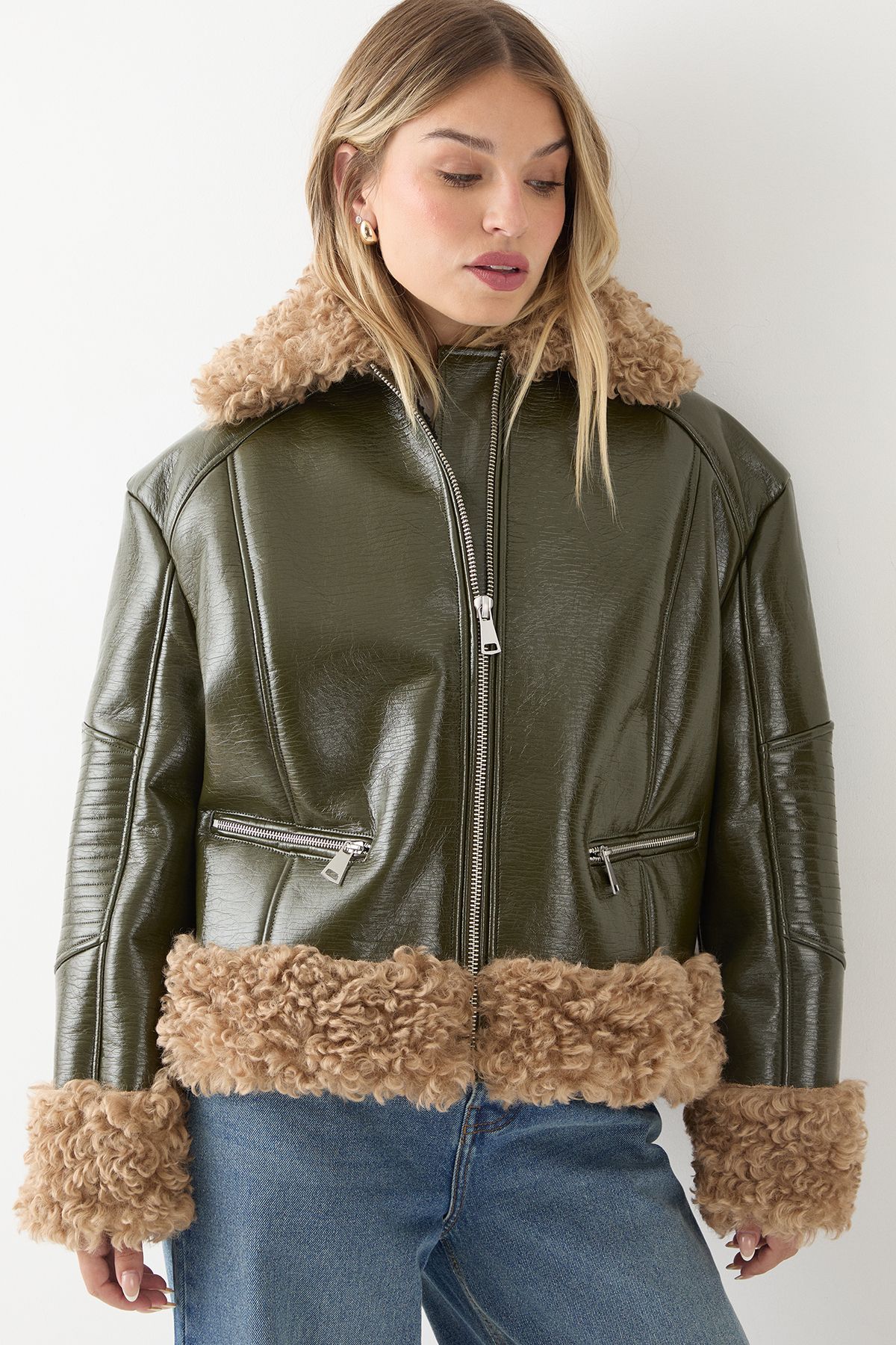 MissPap Premium Faux Fur Collar Vinyl Aviator Jacket Olive