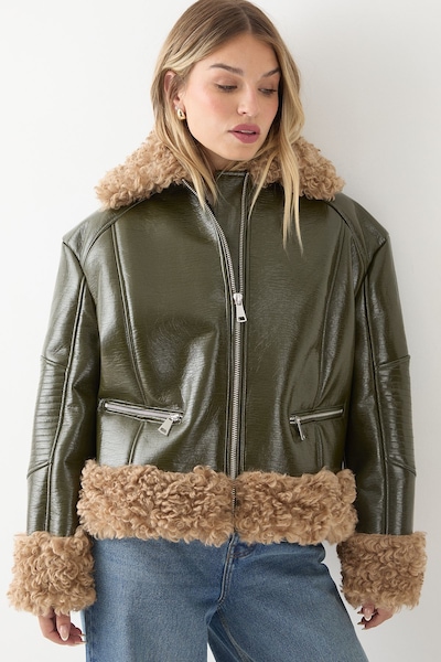 MissPap Premium Faux Fur Collar Vinyl Aviator Jacket Olive