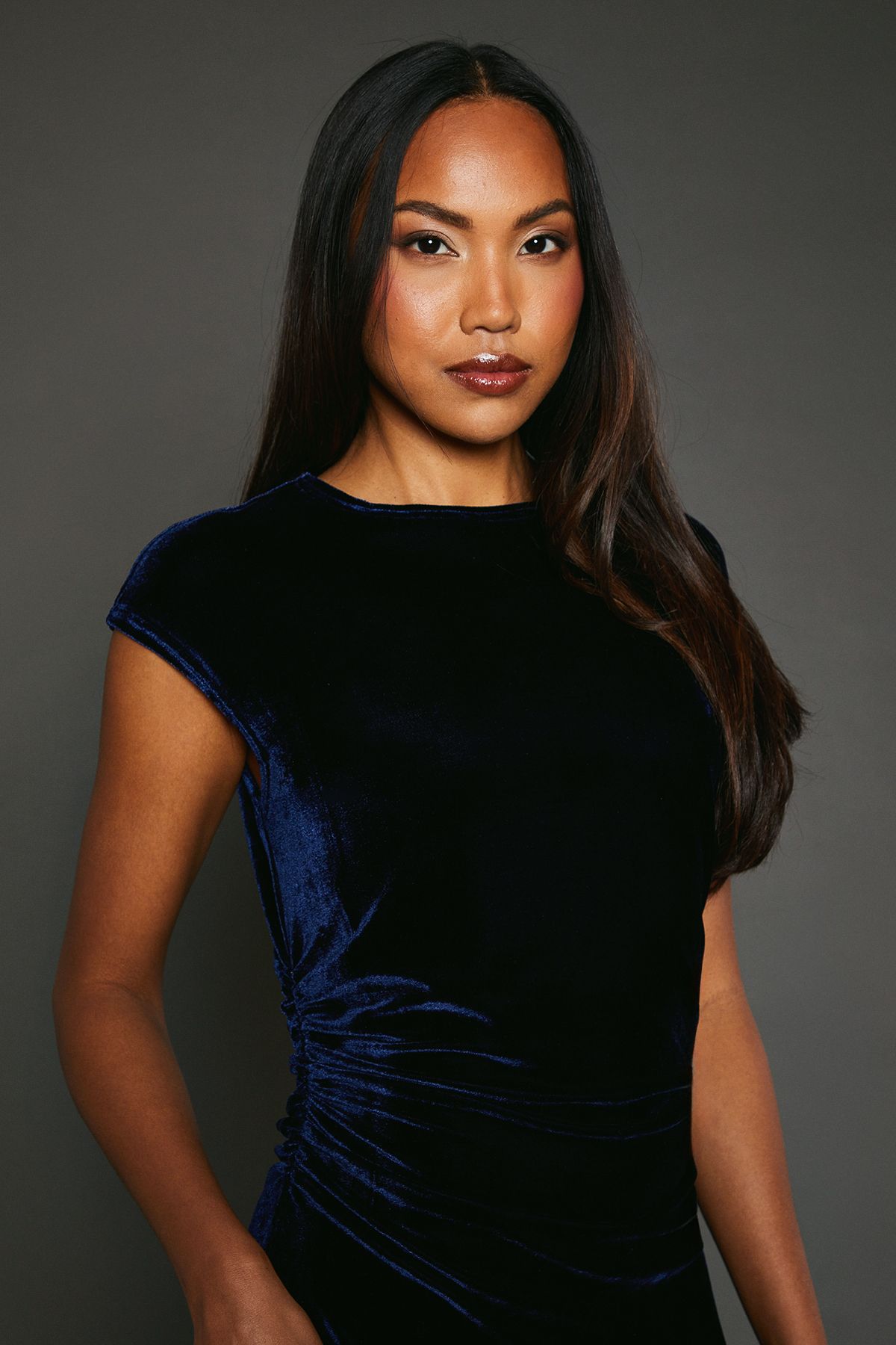 Principles Blue Velvet Ruched Waist Midi Dress Indigo image 4