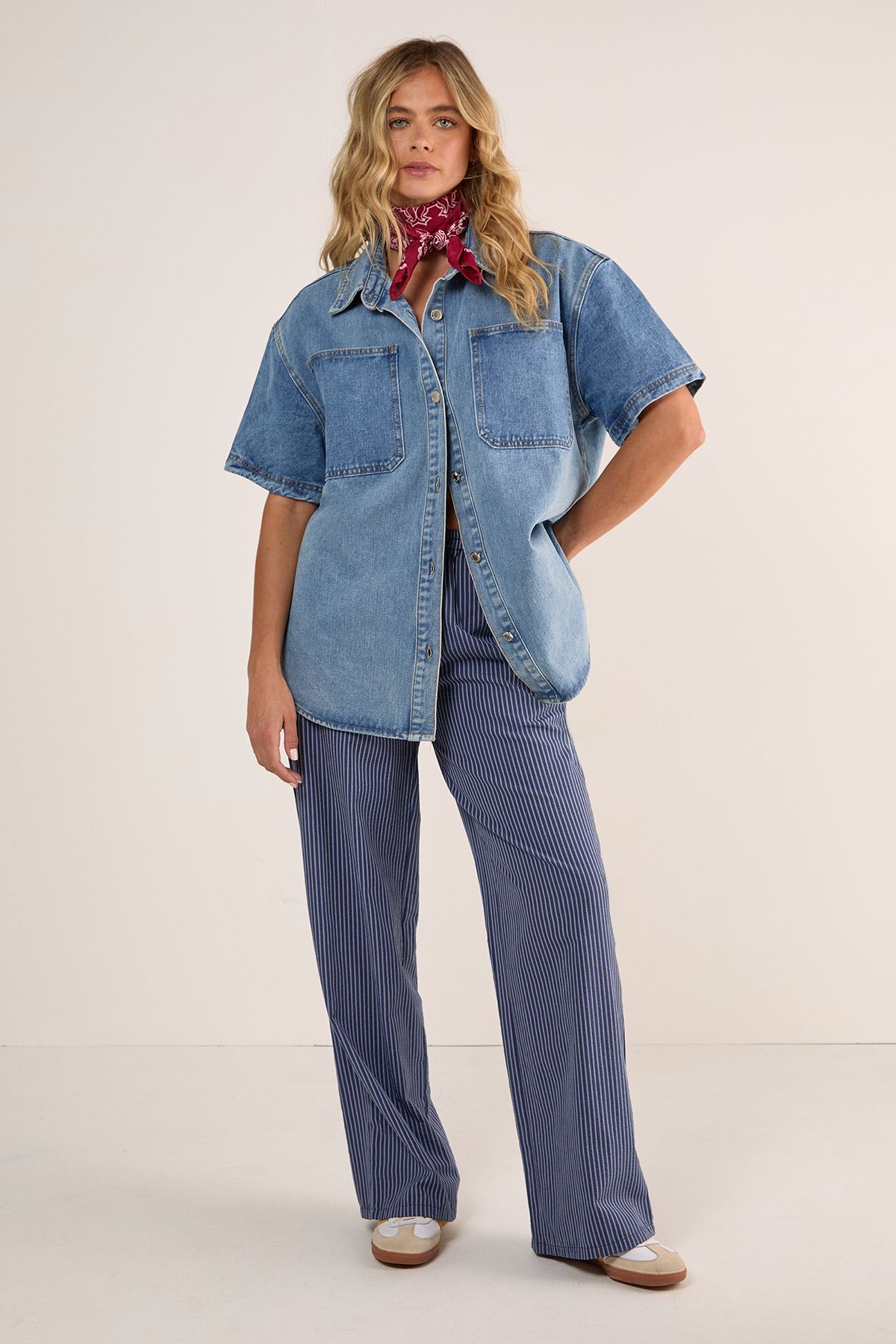 NastyGal Denim Short Sleeve Oversized Shirt Vintage Wash image 2