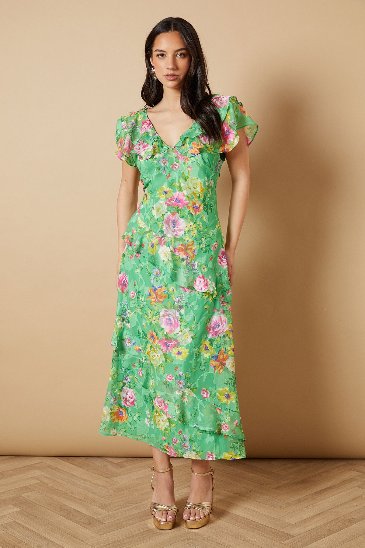 Oasis Occasion Ruffle Sleeve Jacquard Midi Dress Green image 1