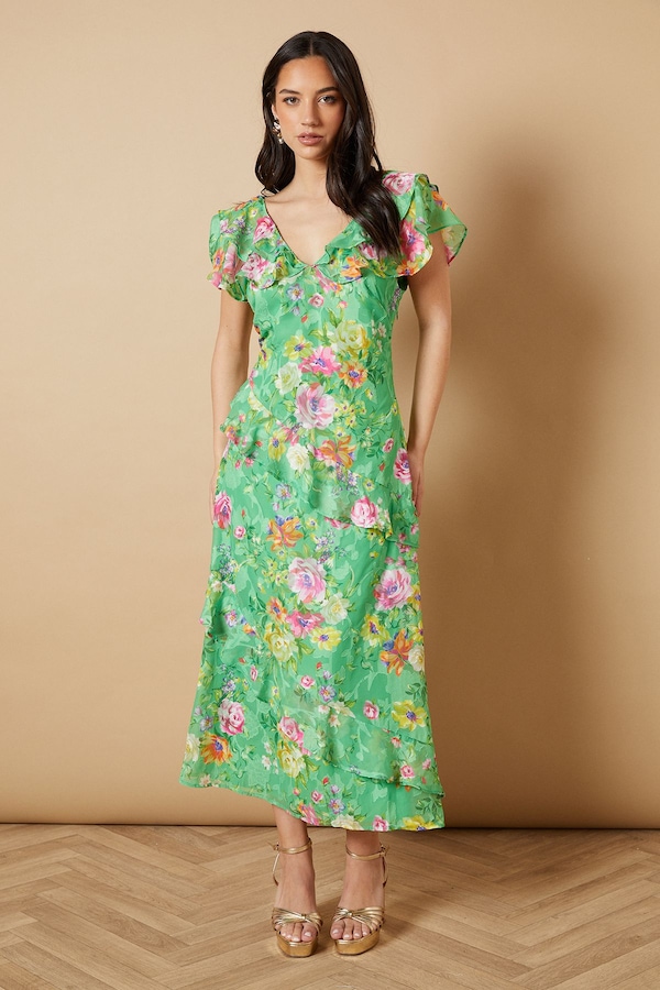 Oasis Occasion Ruffle Sleeve Jacquard Midi Dress Green