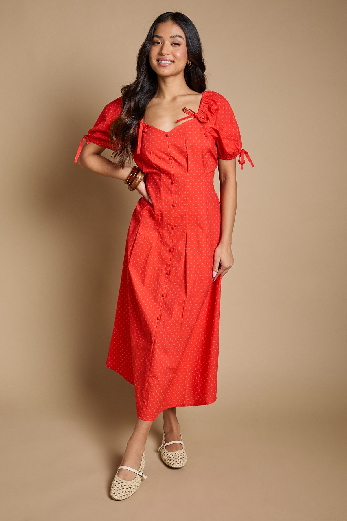 Dorothy Perkins Petite Pleat Button Detail Puff Sleeve Midi Dress Red