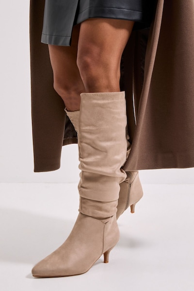 Dorothy Perkins Khloe Faux Suede Kitten Heel Knee High Ruched Boots Beige