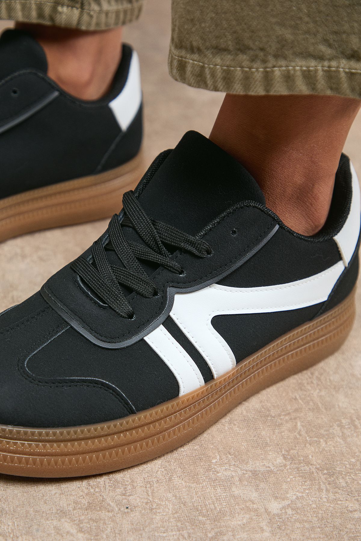 Oasis Faux Suede Lace Up Platform Trainners Natural Black image 3