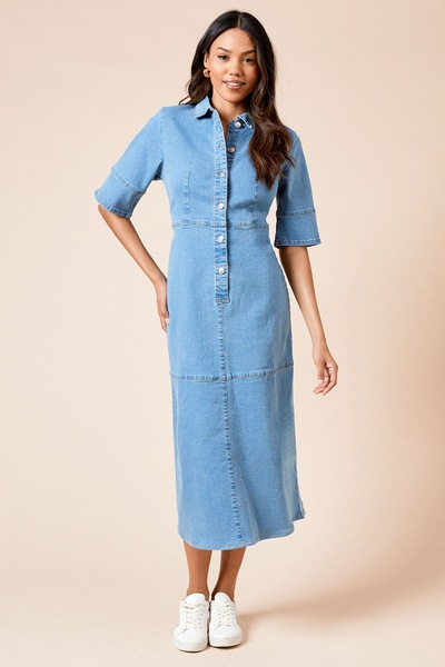 Dorothy Perkins Half Placket Denim Shirt Dress Mid Wash