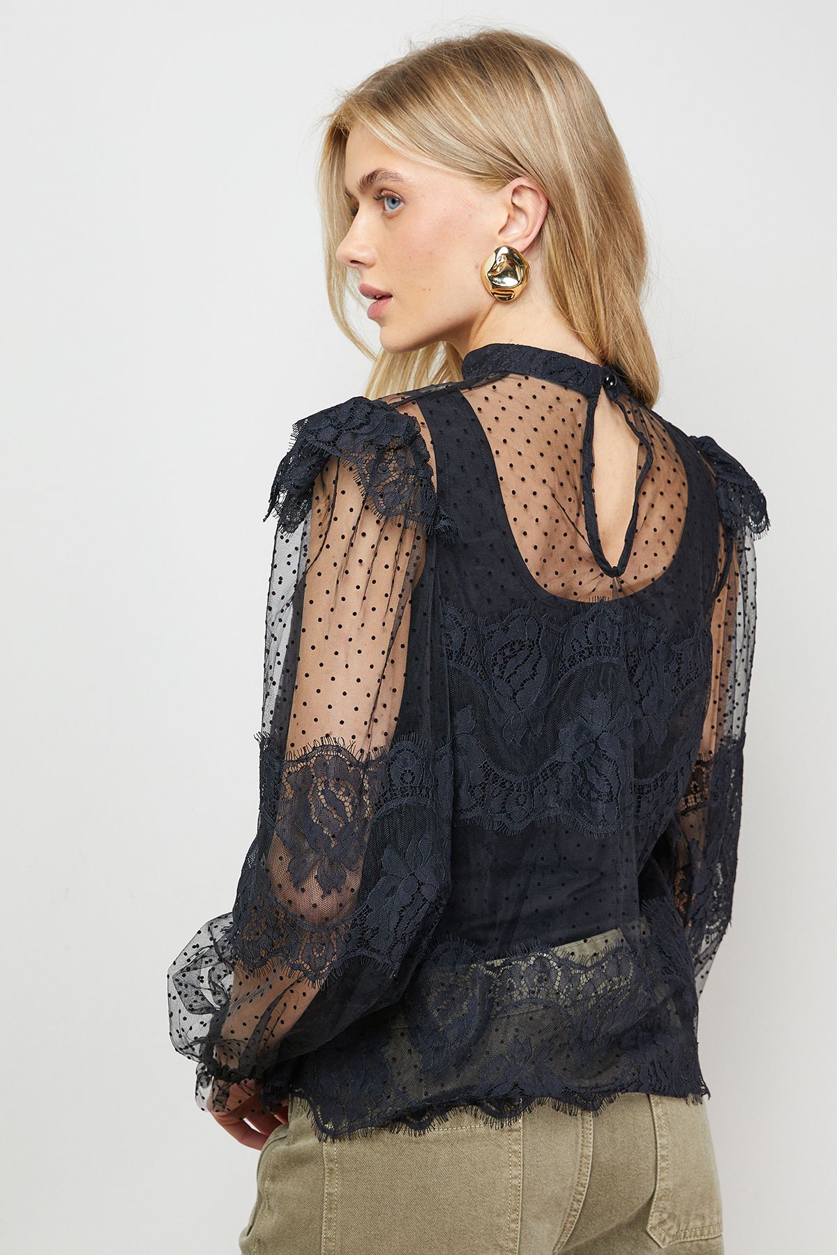 Oasis Lace Frill Detail High Neck Sheer Blouse Black image 3