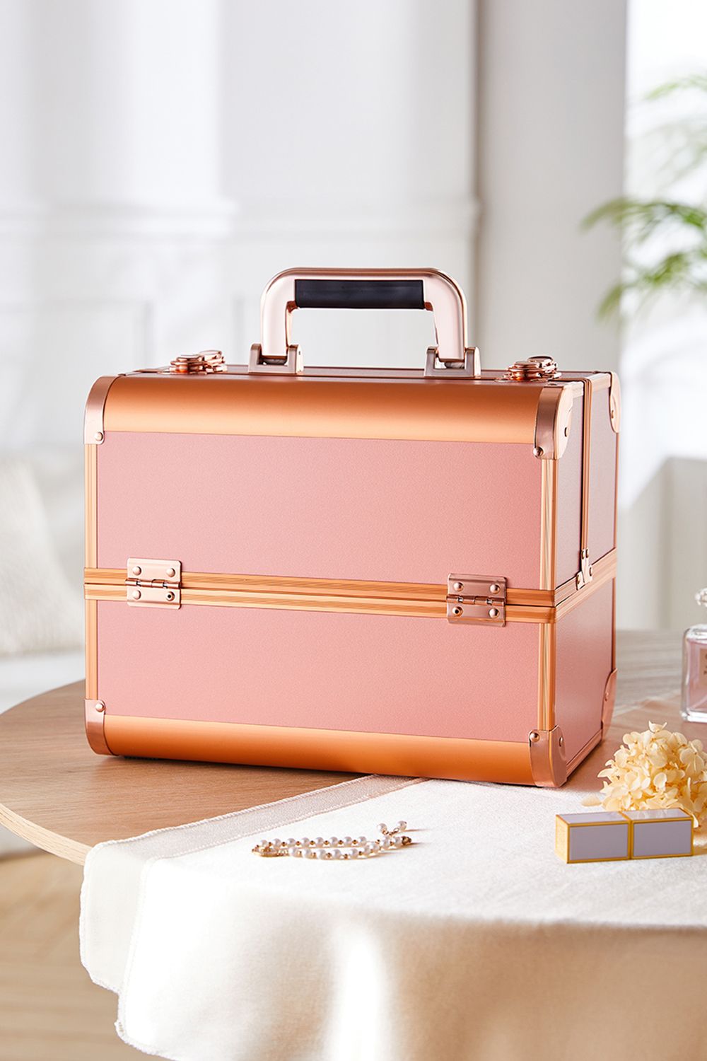 SHEONLY Gold Cosmetic Box 4 Trays with Compartments Professional Makeup Box Storage Organizer Case image 2