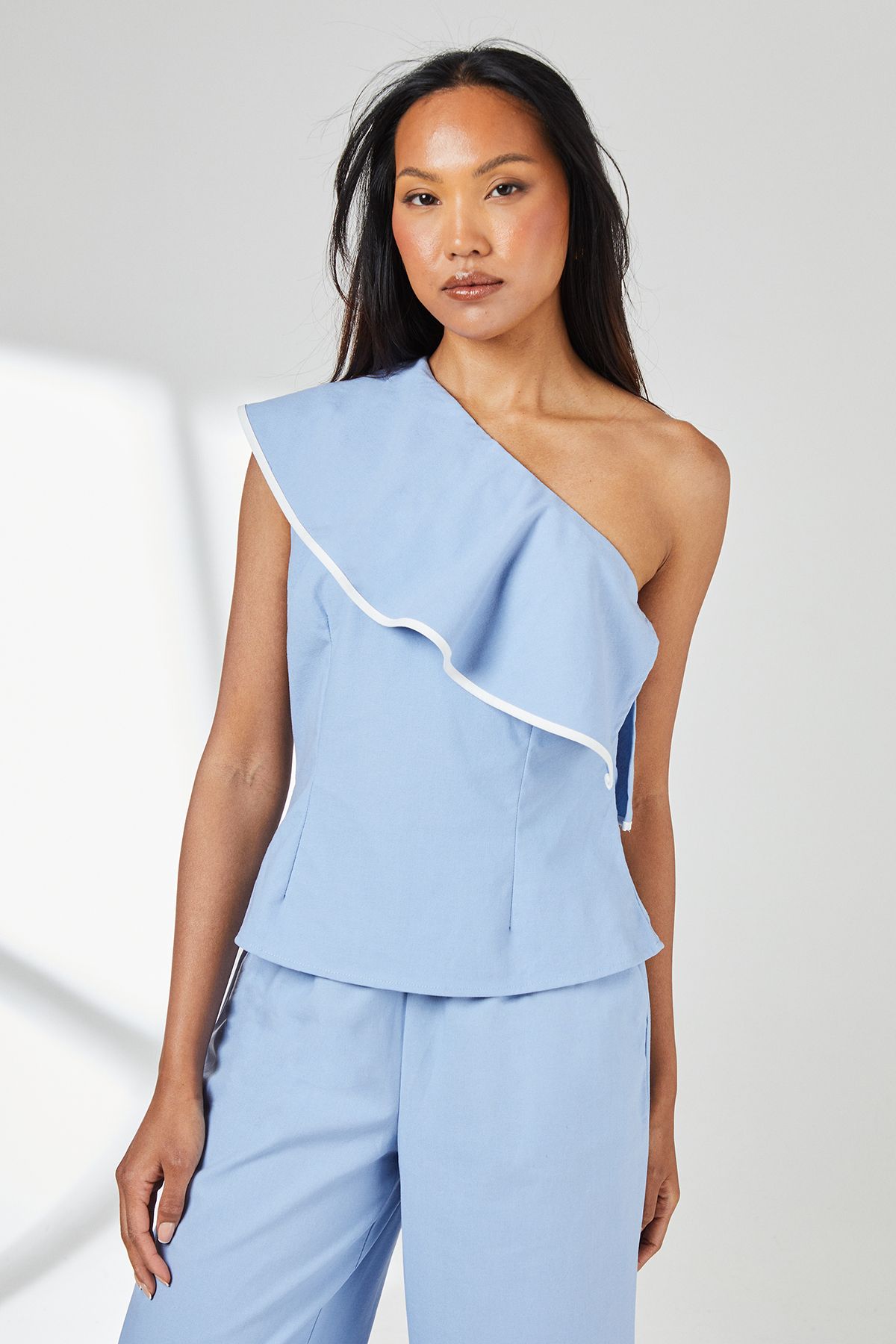 Principles Blue Contrast Detail One Shoulder Frill Linen Top Blue
