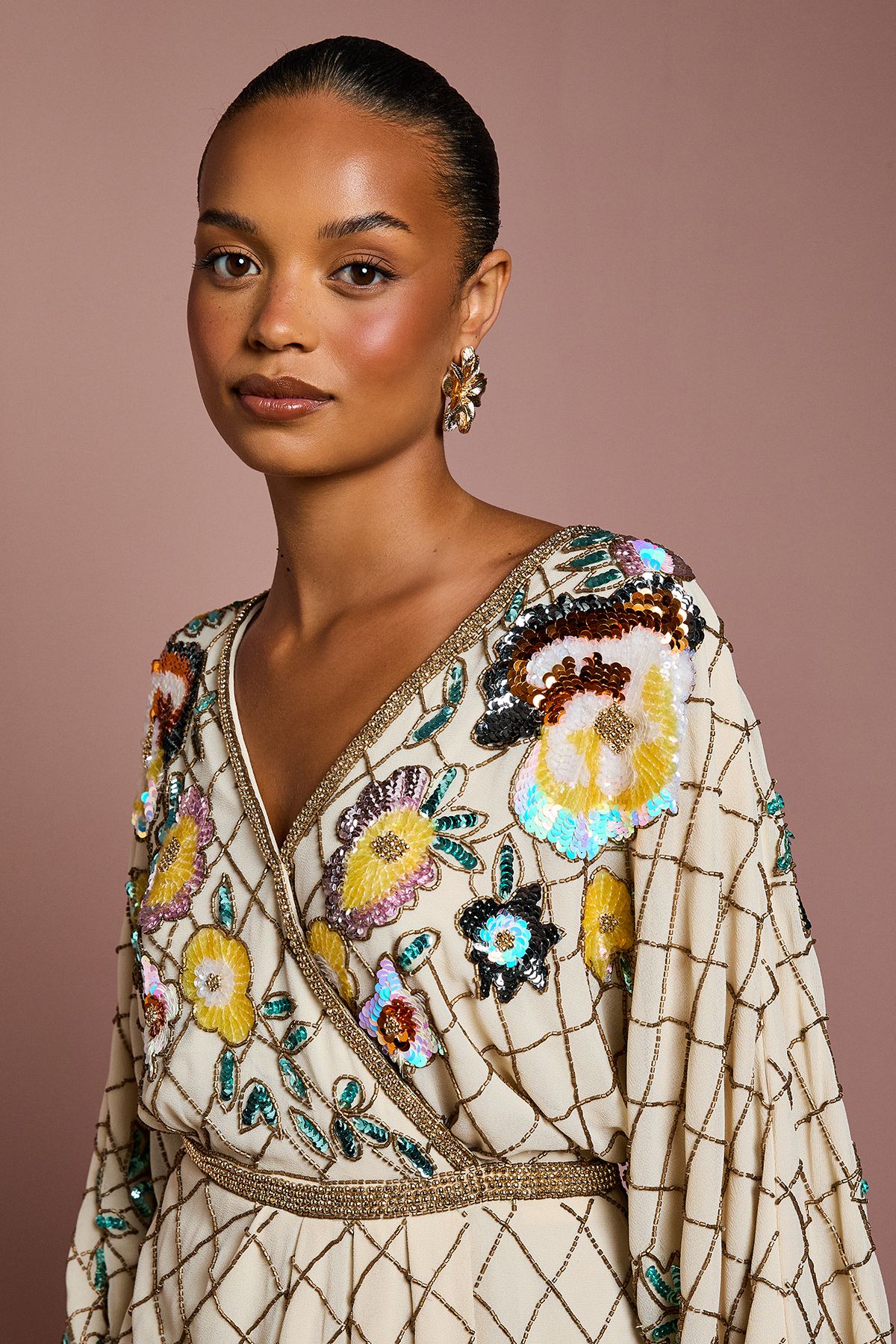 Coast Petite Wrap Top Floral Embellished Mini Dress Champagne image 4