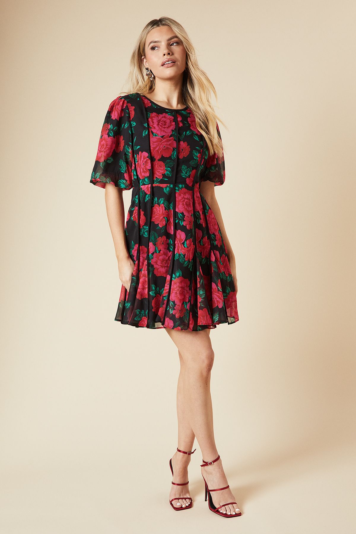 Dorothy Perkins DP Luxe Black Floral Chiffon Contrast Binding Bodice Mini Dress Black image 2