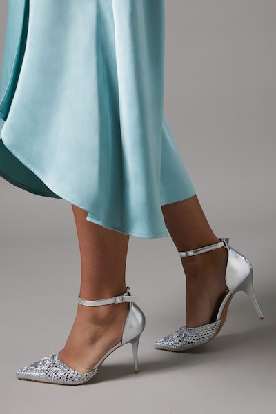 Coast Kassie Faux Leather Woven Pointed high Stiletto Court Shoes Silver