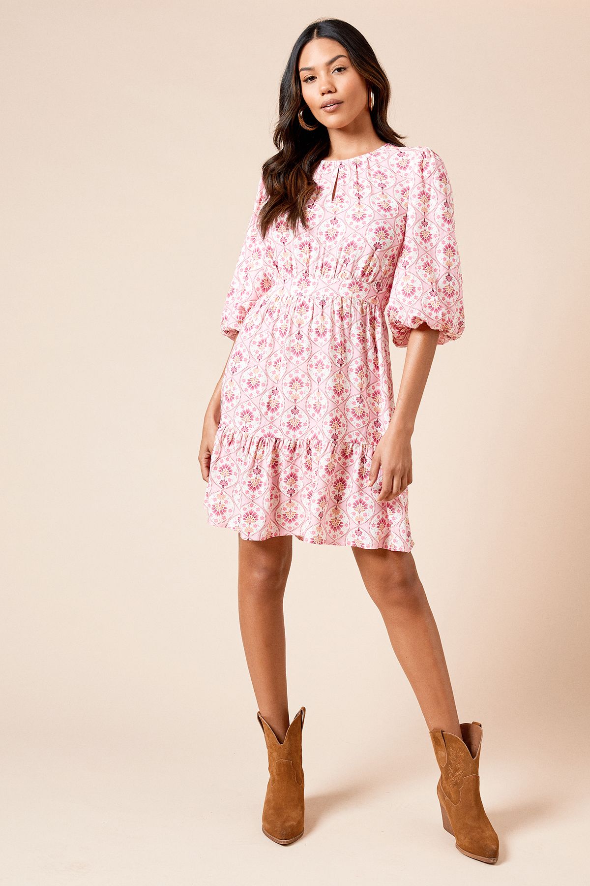 Dorothy Perkins Pink Keyhole Puff Sleeve Tiered Mini Dress Pink image 2