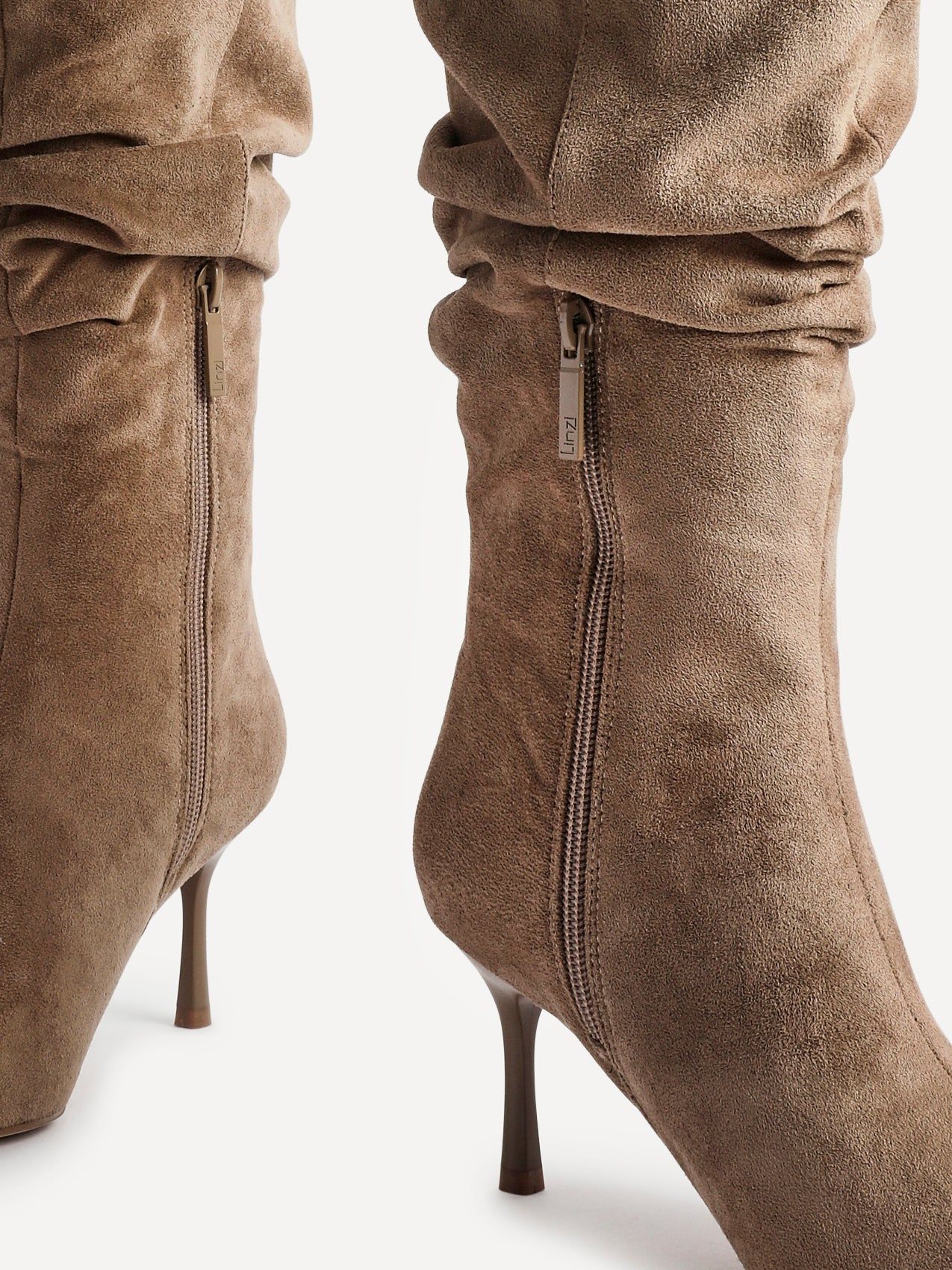 Linzi Rosenna Beige Suede Ruched High Leg Heeled Boot image 4