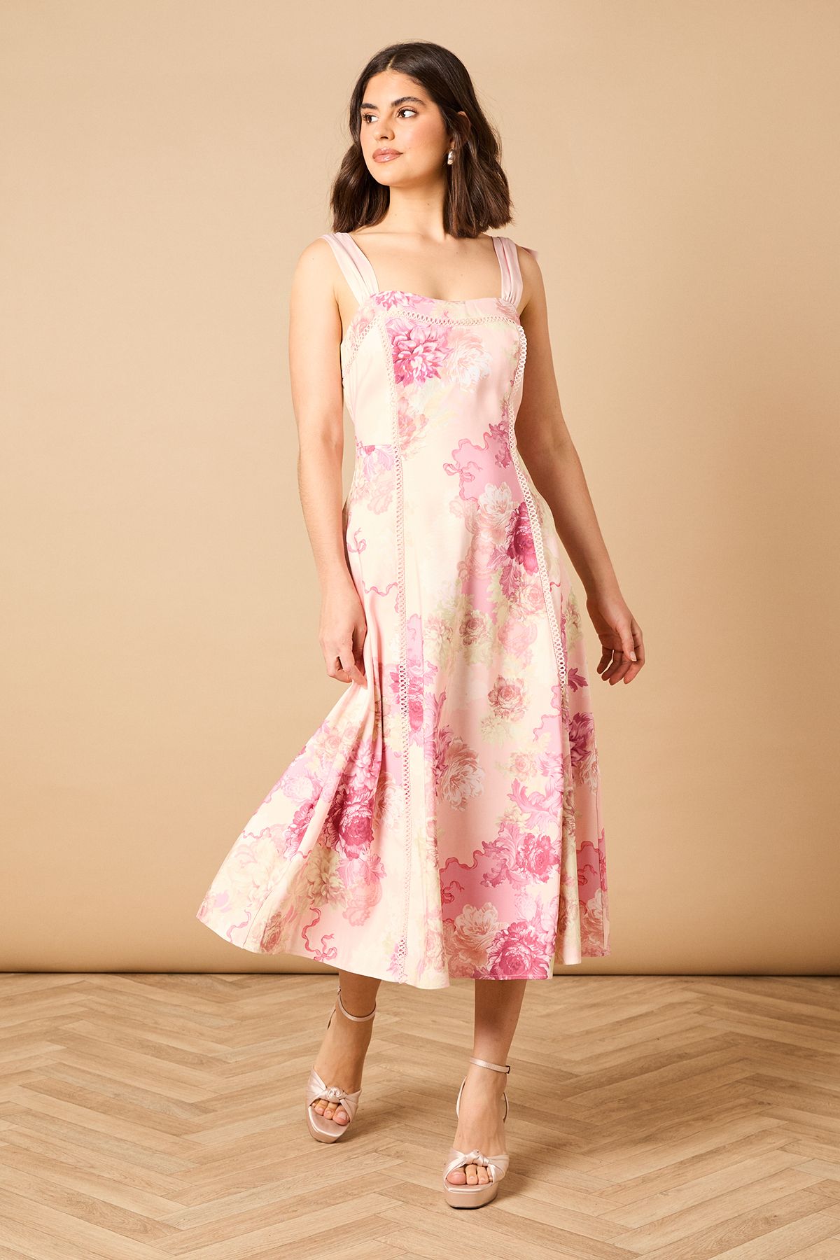 Oasis Bow Strap Midi Prom Dress Floral image 1