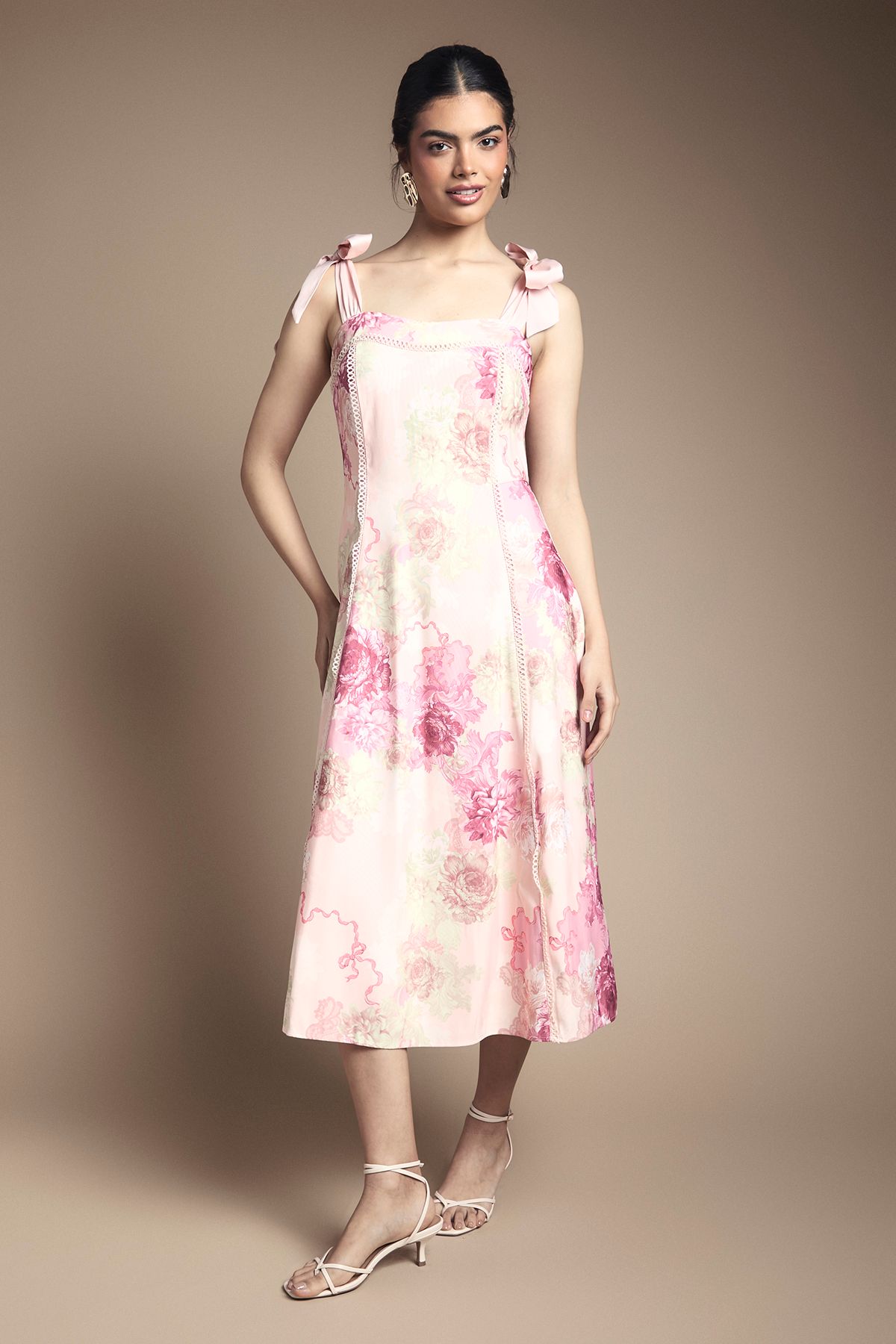 Oasis Bow Strap Midi Prom Dress Floral