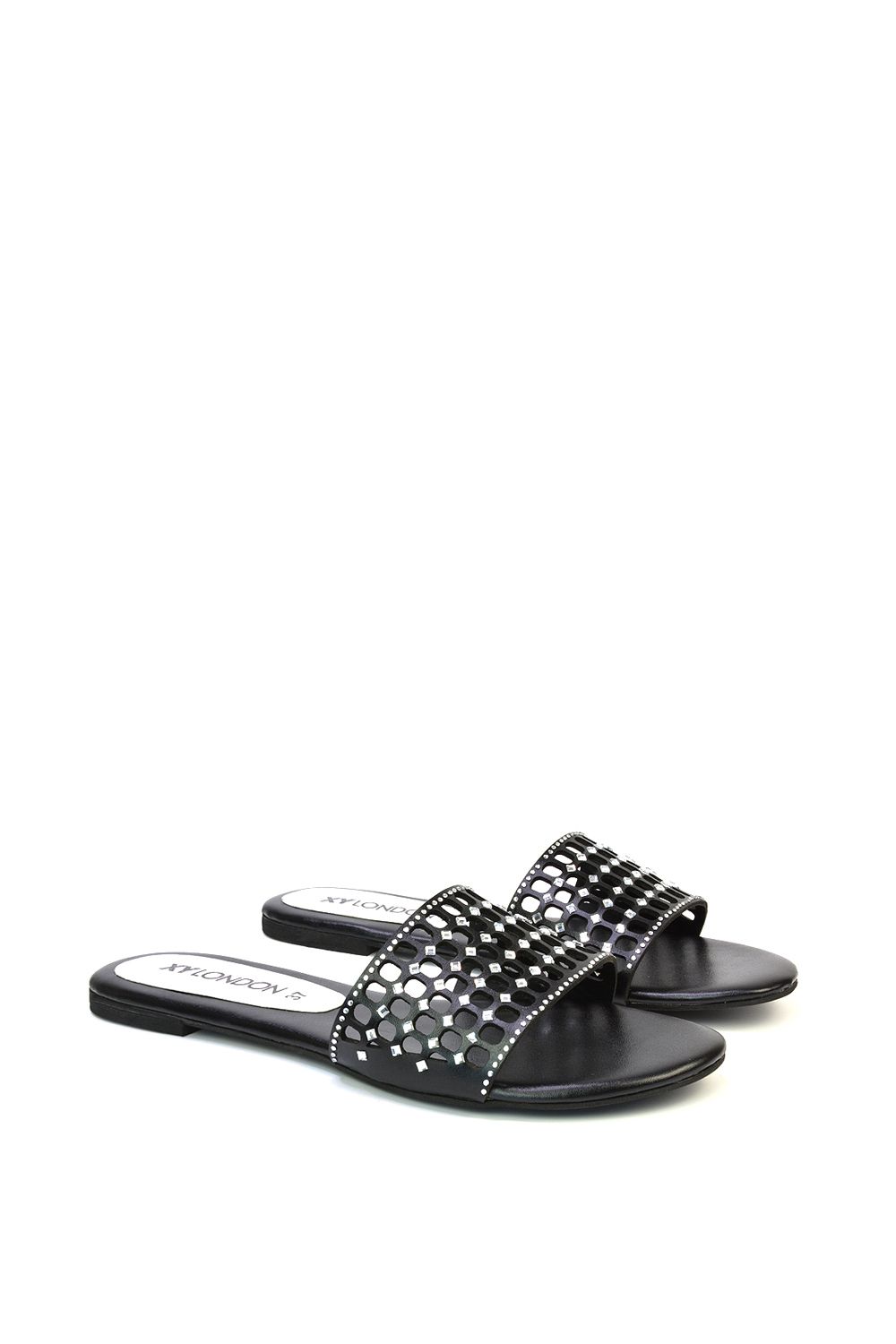 XY London 'Abbie' Mesh Strappy Diamante Slip On Flat Sandals Sliders image 3