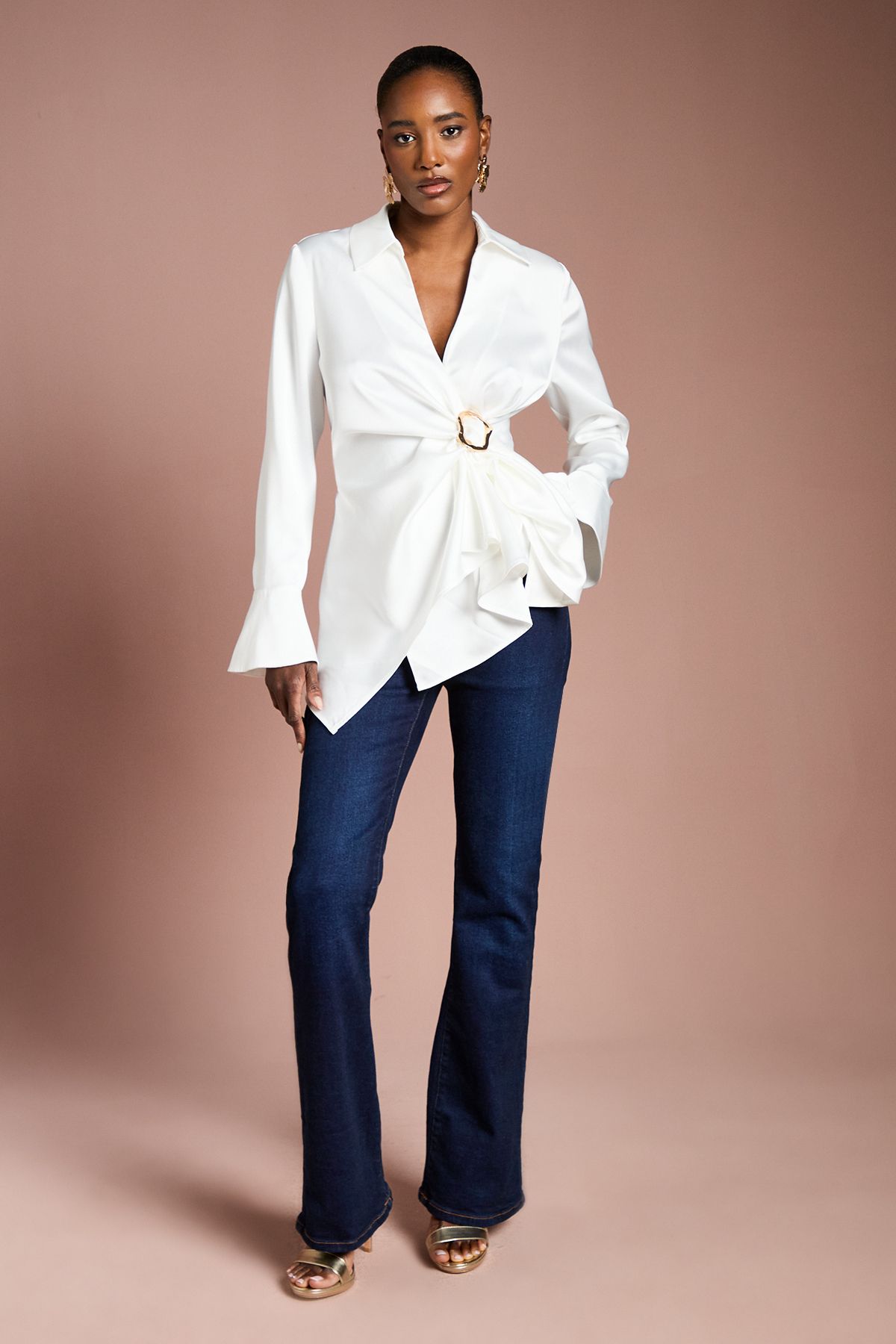 Coast Drape Detail Cuffed Satin Shirt Ivory image 2