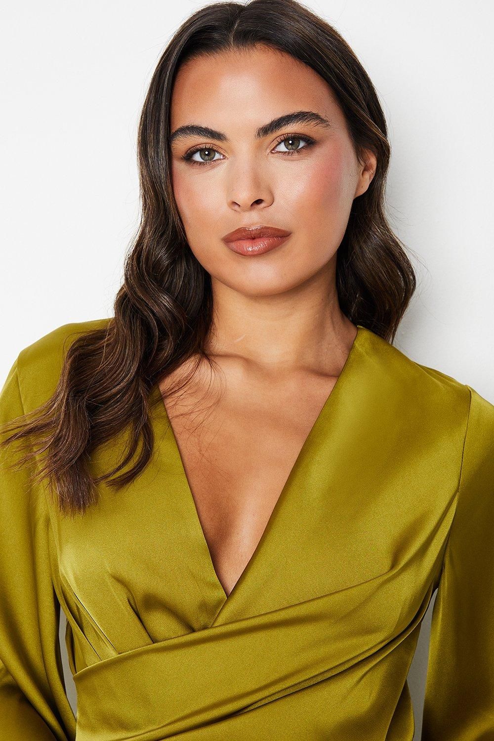 Coast Satin Wrap Dress With Flare Sleeve Olive image 4