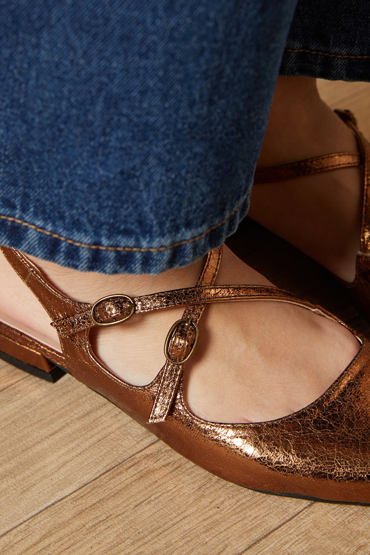 Oasis Anthea Faux Leather Pointed Cross Strap Flat Ballet Pumps Bronze image 4