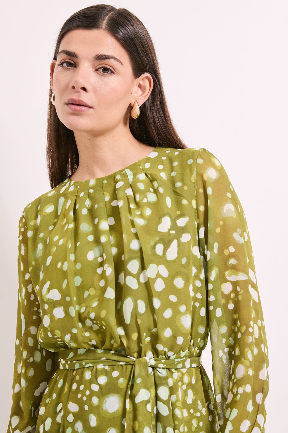 Principles Green Spot Pleat Neck Drape Midi Dress Green image 4