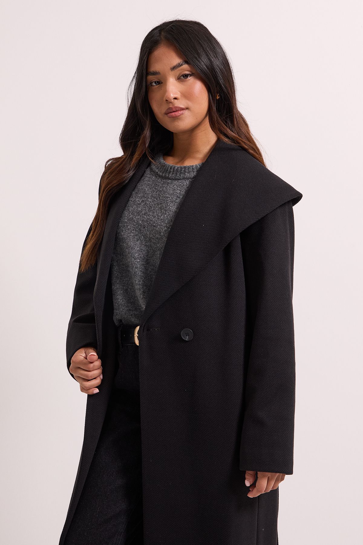Dorothy Perkins Petite Shawl Belted Coat Black image 2