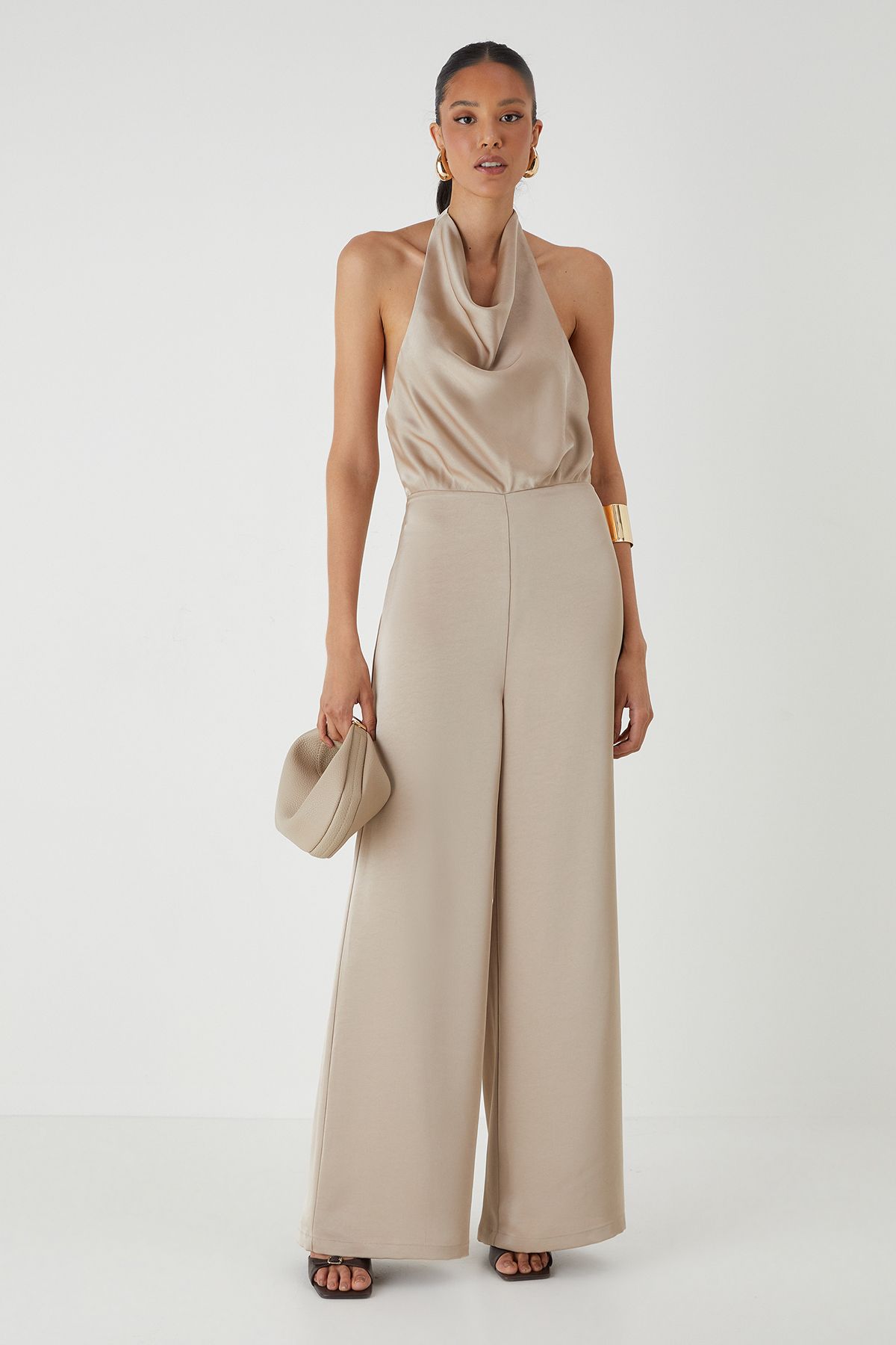 MissPap Satin Cowl Neck Wide Leg Jumpsuit Bronze image 1