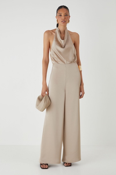 MissPap Satin Cowl Neck Wide Leg Jumpsuit Bronze
