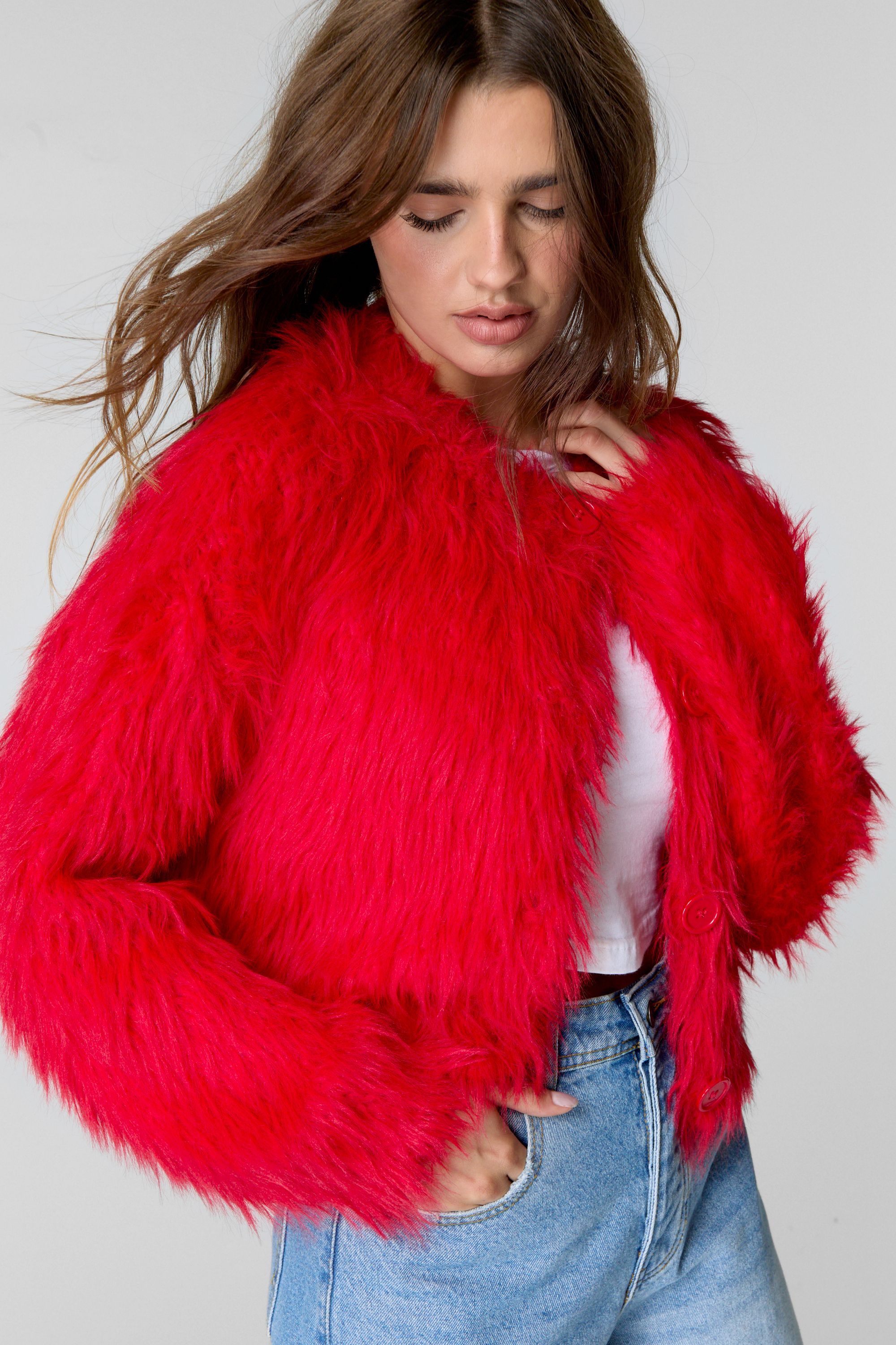 NastyGal Shaggy Cropped Cardigan Light Red image 3
