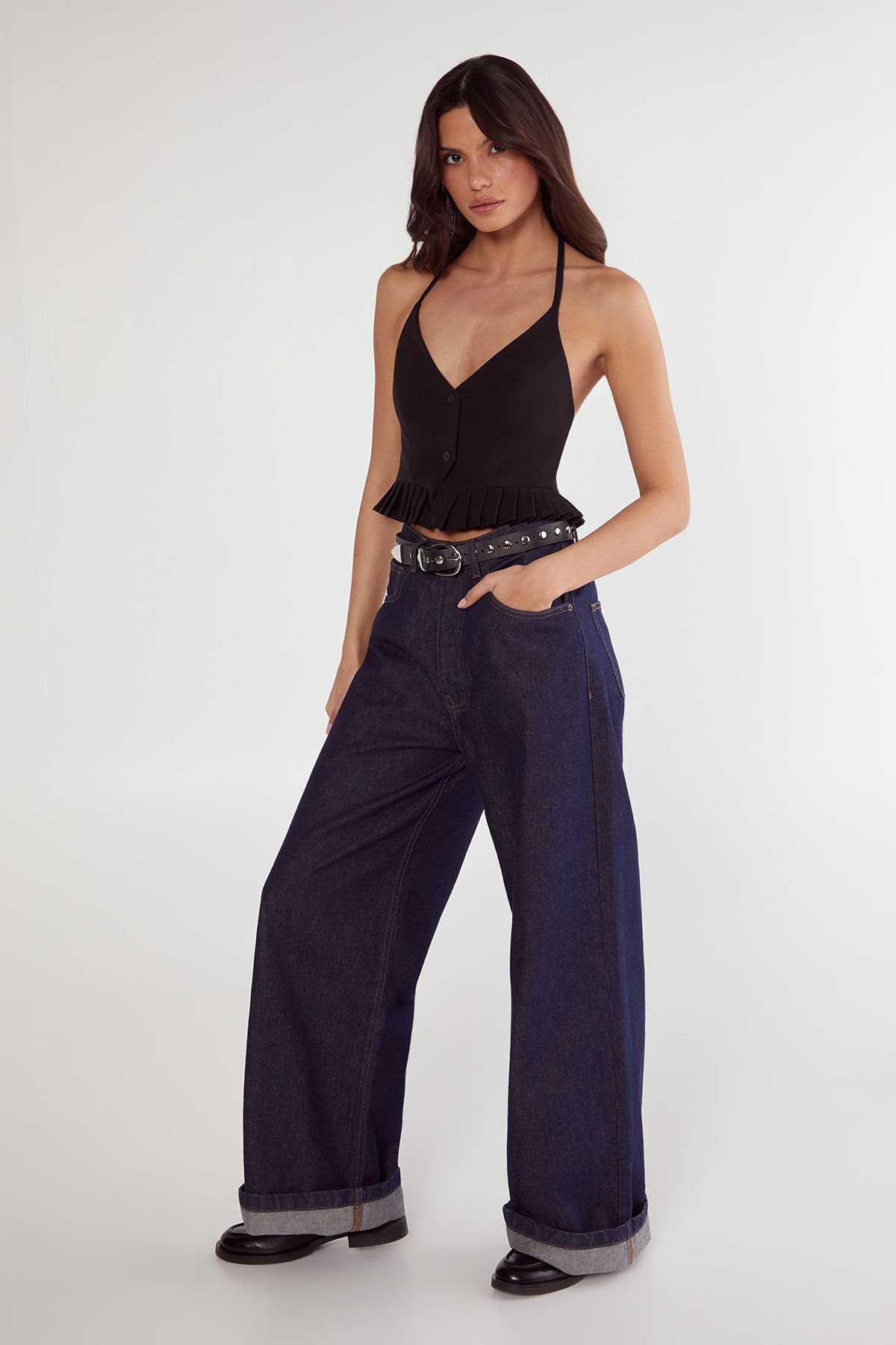 NastyGal Pleated Hem Tailored Top Black image 2