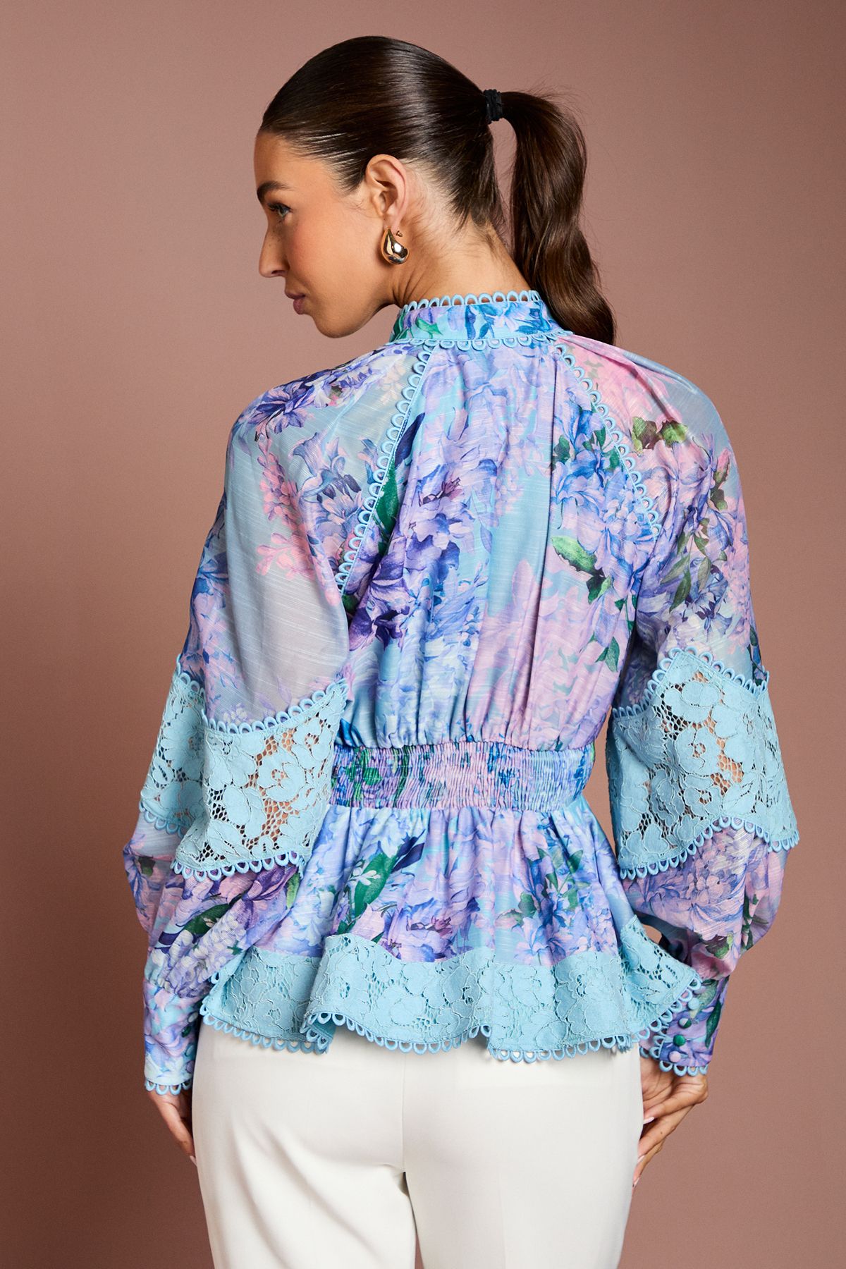 Coast Printed Blouson Sleeve Lace Trim Blouse Blue image 3