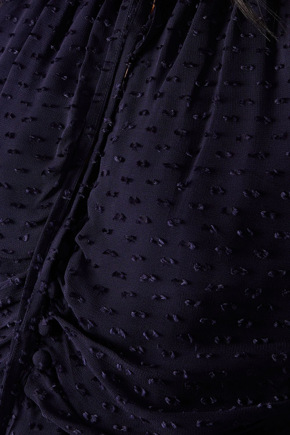 Warehouse Tufted Dobby Chiffon Button Front Tie Neck Hanky Hem Midi Dress Navy image 5