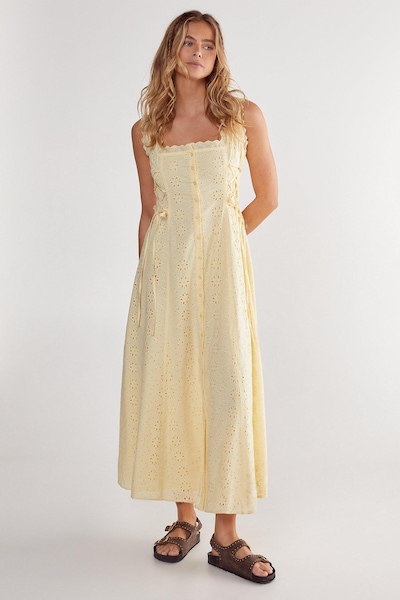 NastyGal Soft Corset Broderie Lace Up Side Midi Dress Lemon