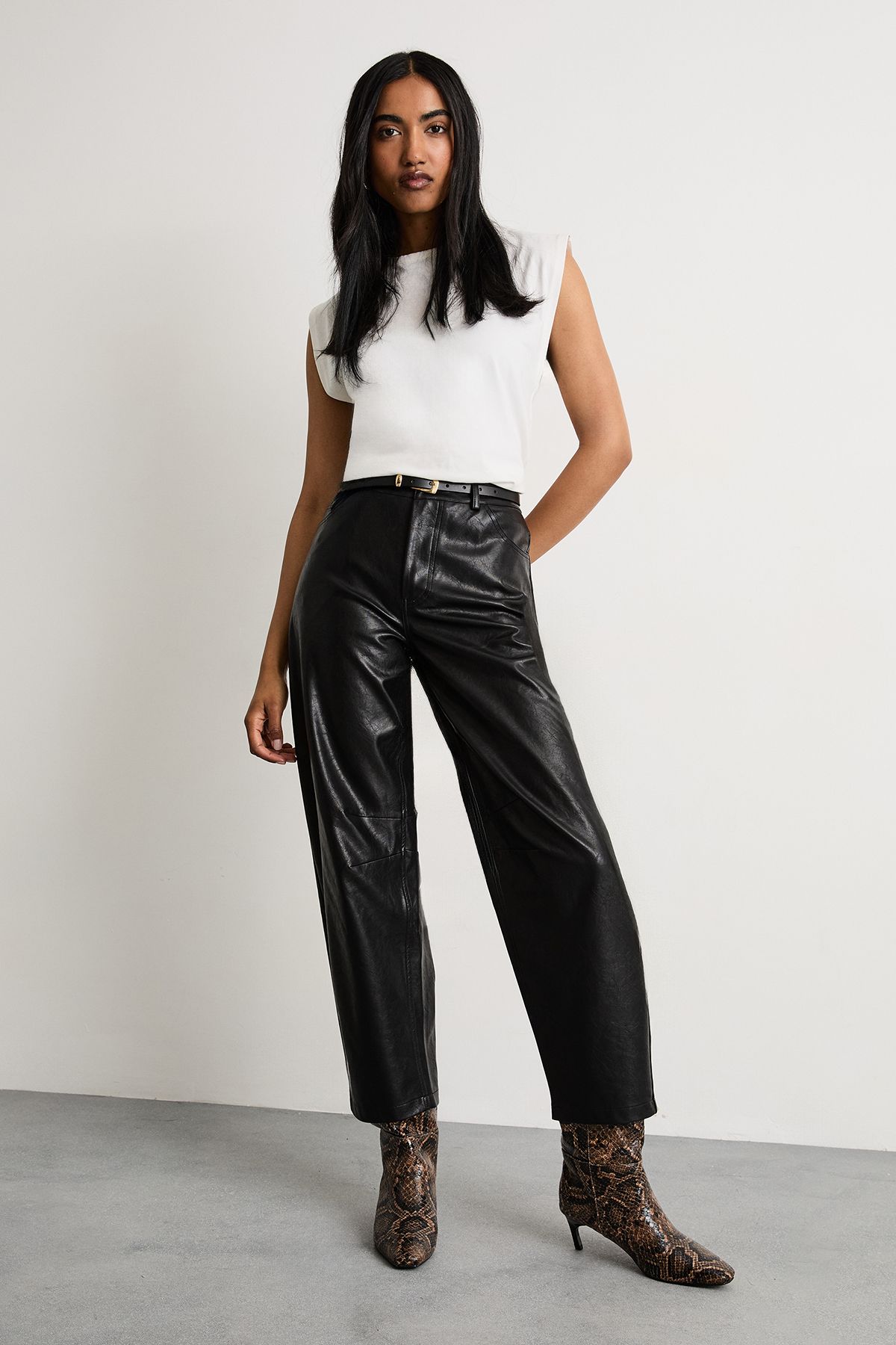 Warehouse Barrel Leg Faux Leather Trouser Black image 1