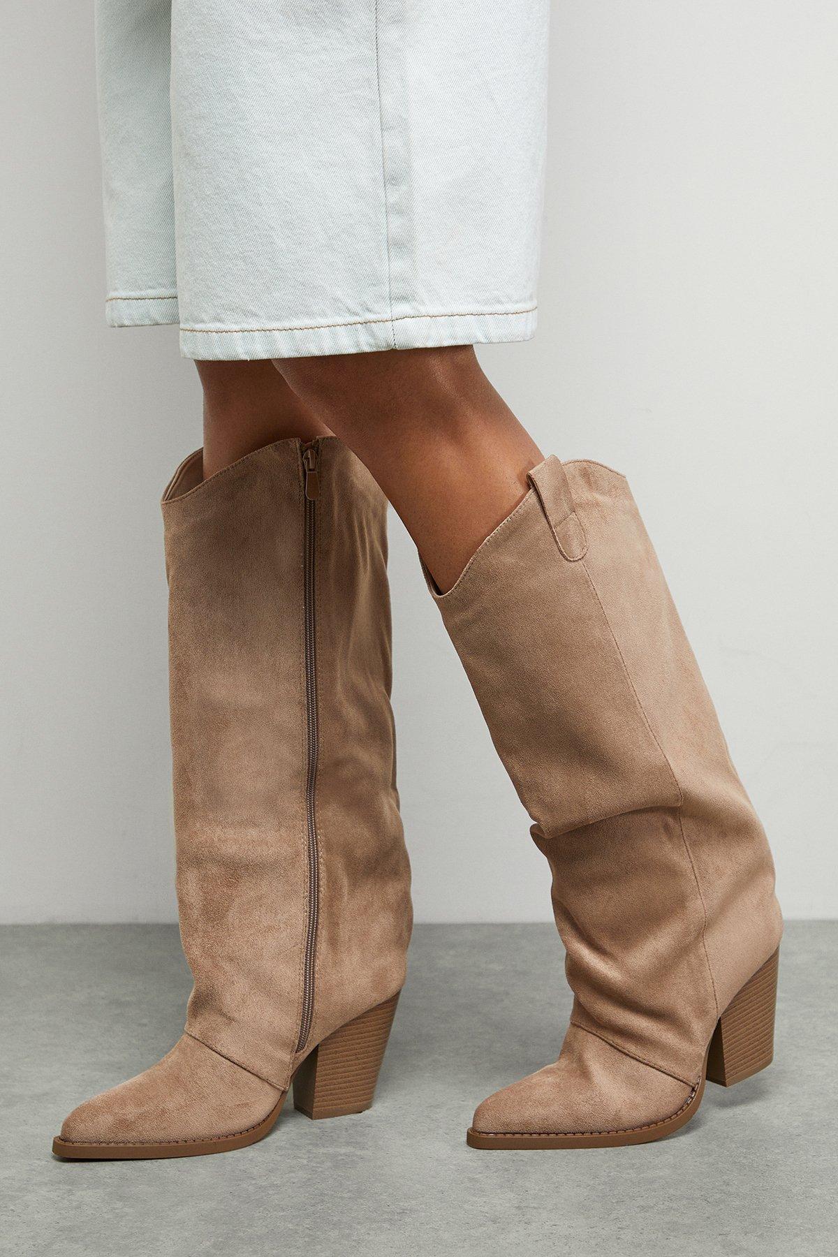 Oasis Faith: Alma Faux Suede Straight Leg Western Knee Boots Beige image 1