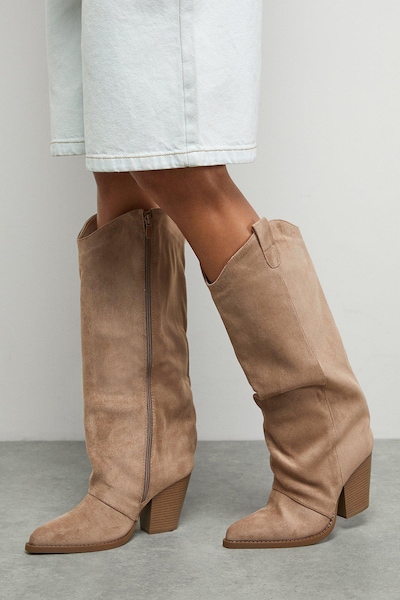 Oasis Faith: Alma Faux Suede Straight Leg Western Knee Boots Beige