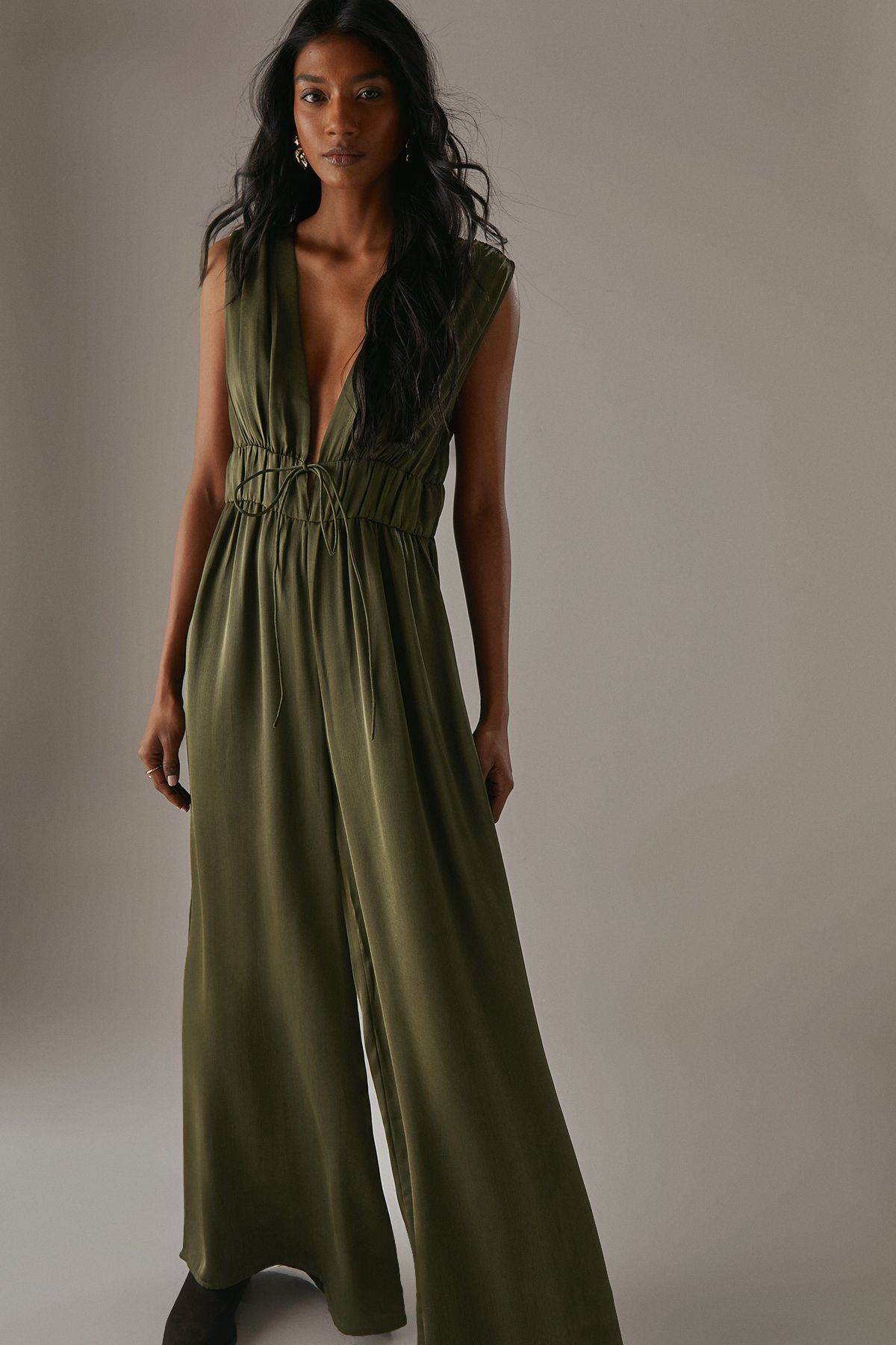 Warehouse Crinkle Satin Plunge Neck Tie Detail Jumpsuit Khaki image 2