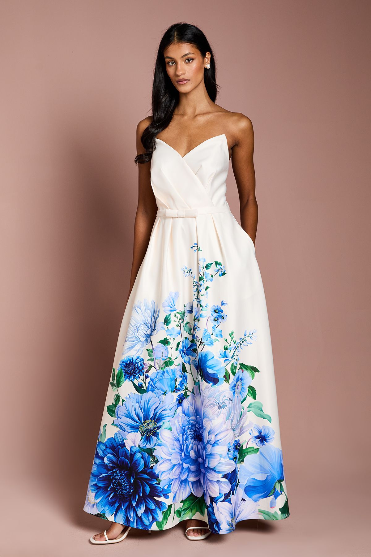 Coast Petite Wired Bandeau Border Print Maxi Dress Blue