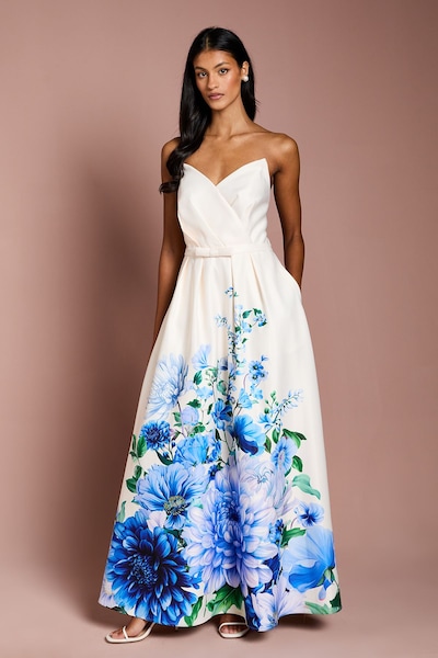 Coast Petite Wired Bandeau Border Print Maxi Dress Blue