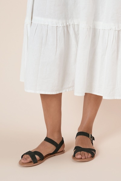 Dorothy Perkins Filomena Real Leather Cross Strap Flat Sandals Natural Black