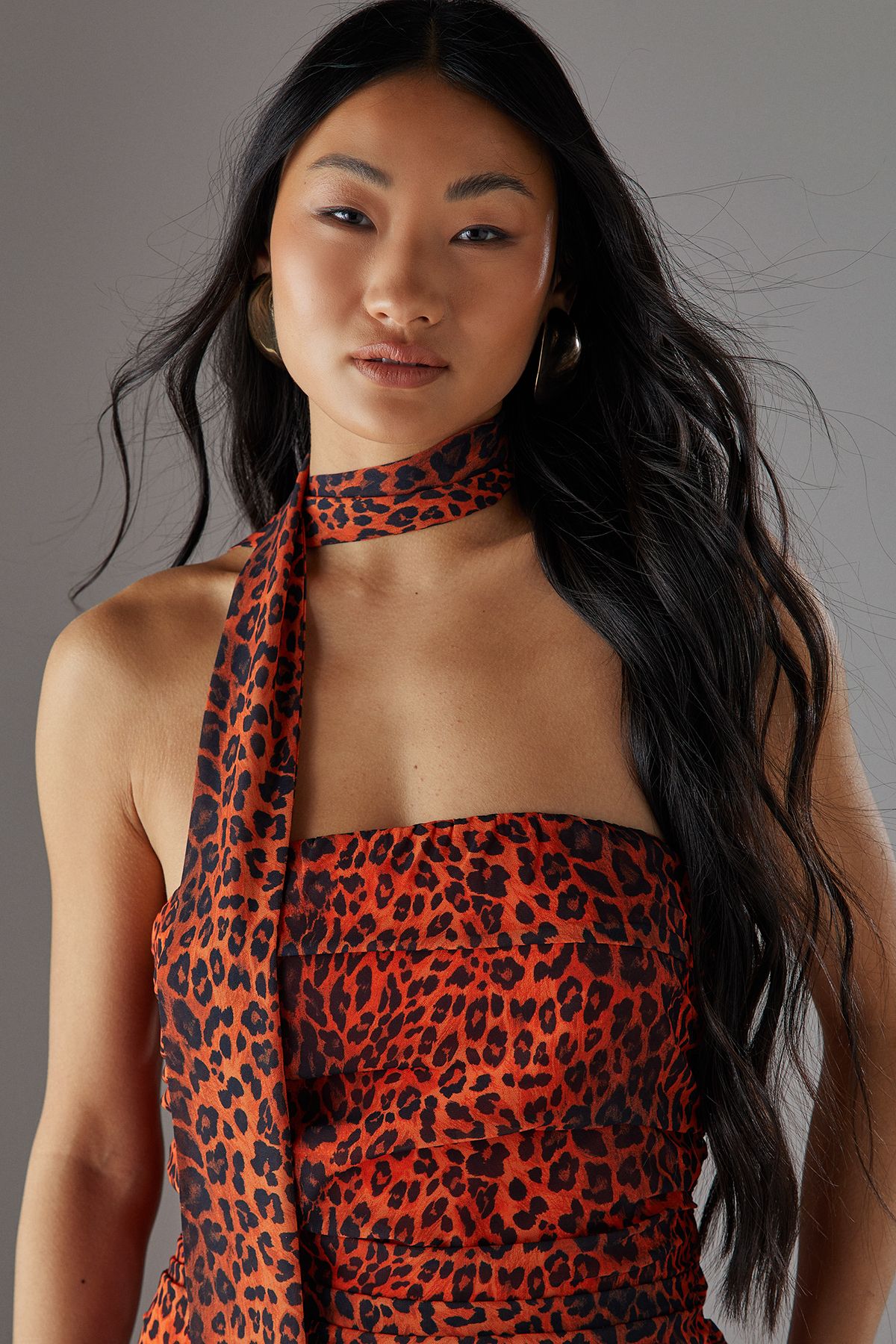 Warehouse Petite Chiffon Neck Tie Bandeau Ruched Maxi Dress Orange image 3