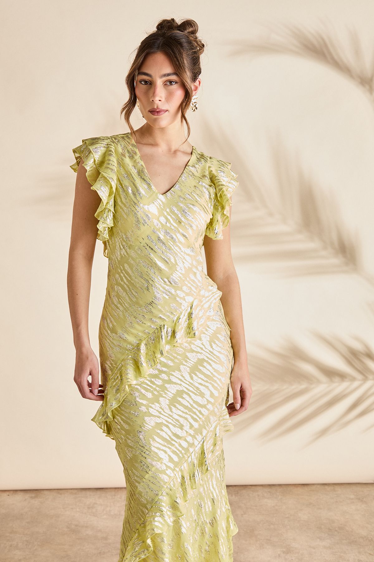 Coast Metallic Jacquard Frill Midi Dress Yellow image 2
