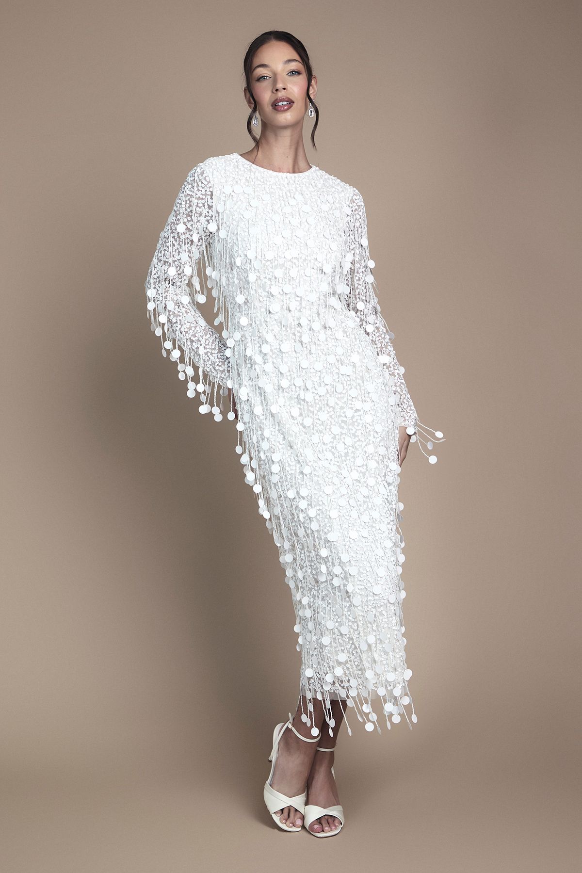 Coast Sequin Long Sleeve Midi Wedding Dress Ivory