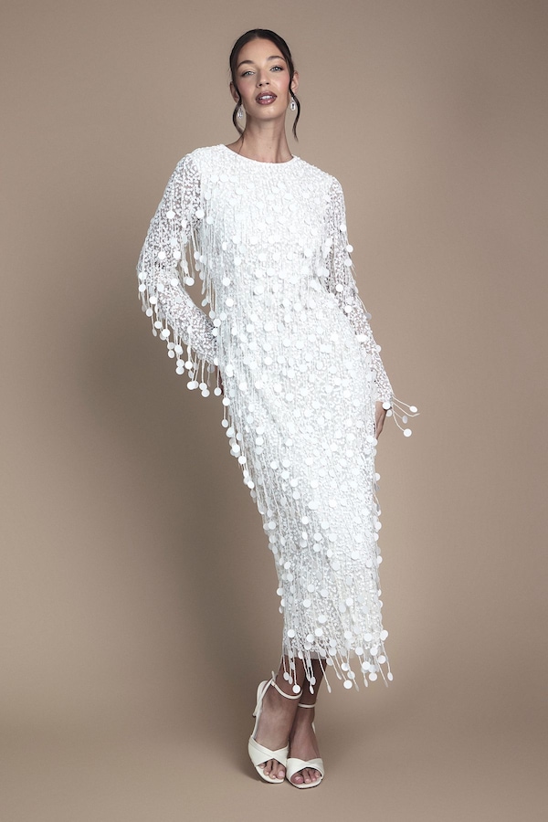 Coast Sequin Long Sleeve Midi Wedding Dress Ivory