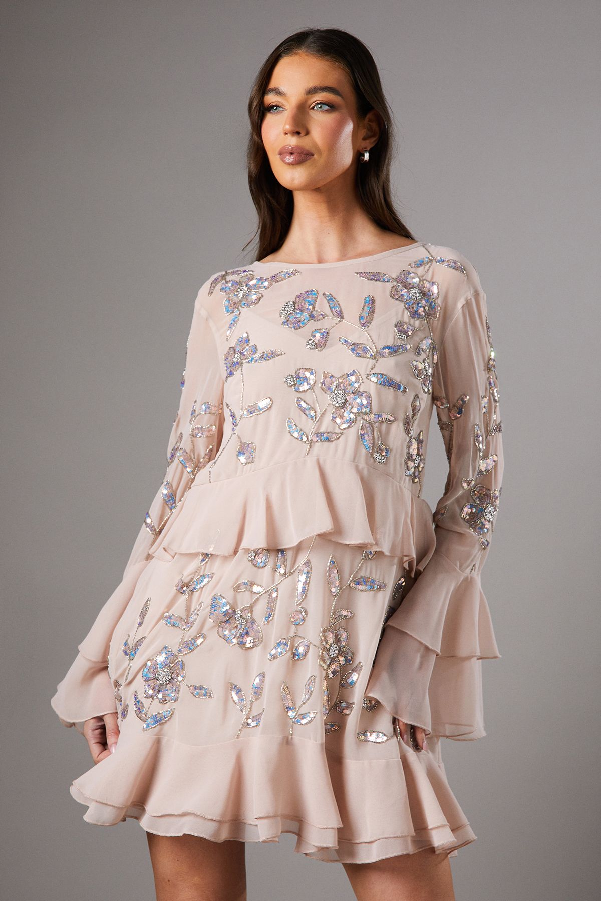 Coast Sequin Long Sleeve Ruffle Mini Dress Nude image 2