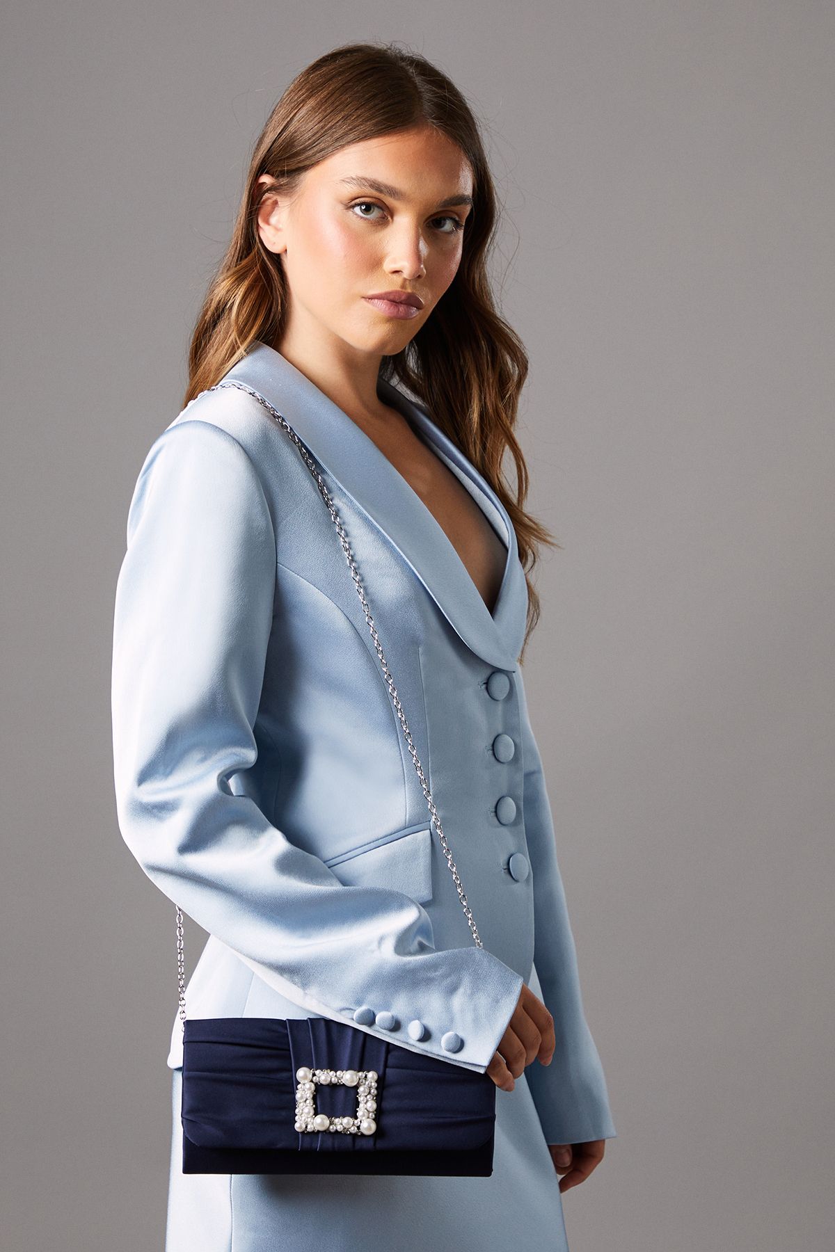 Coast Mandolin Satin Pearl Brooch Clutch Bag Navy image 3