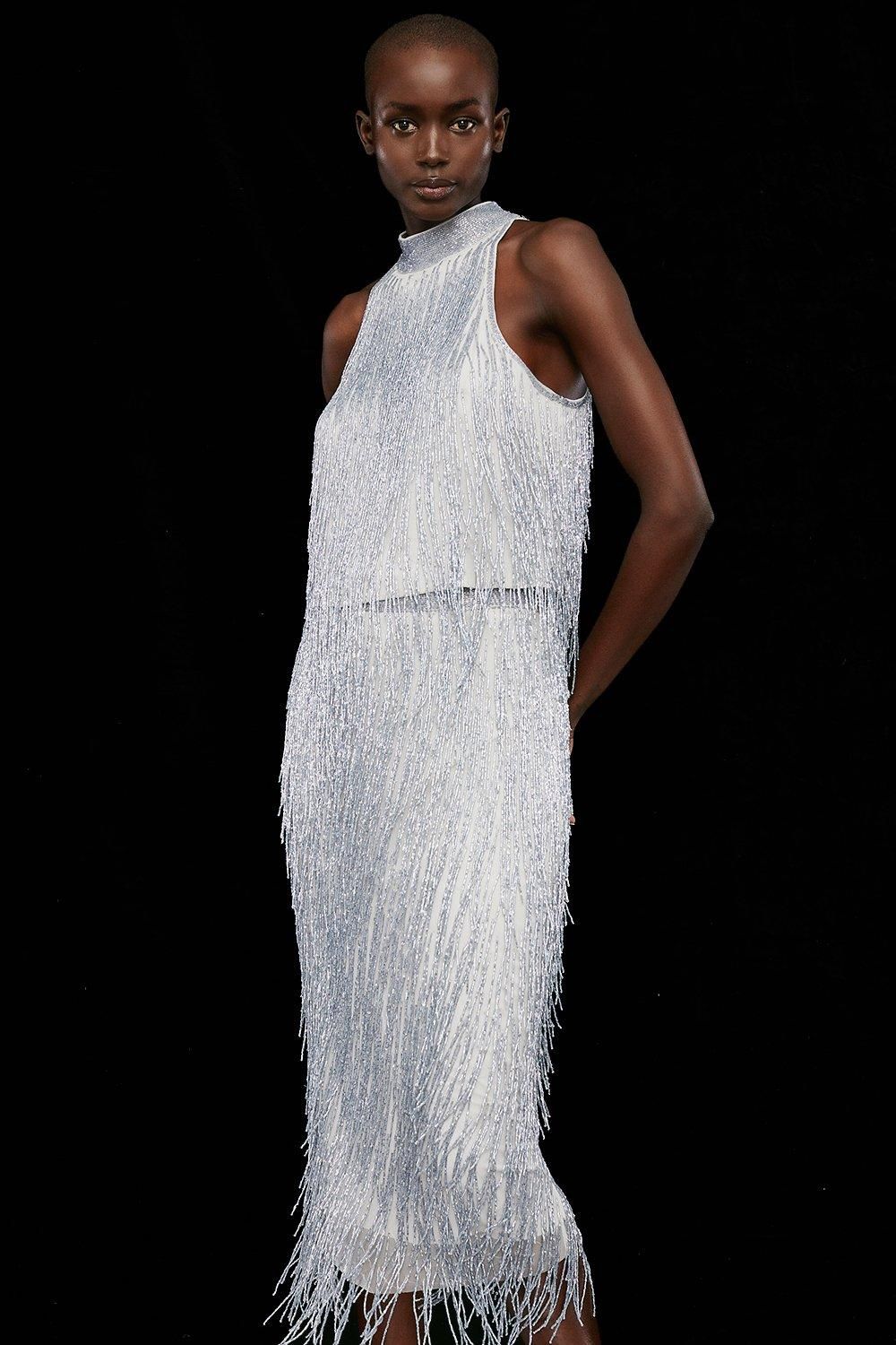 Coast Premium Fringe Embellished Midi Skirt Silver