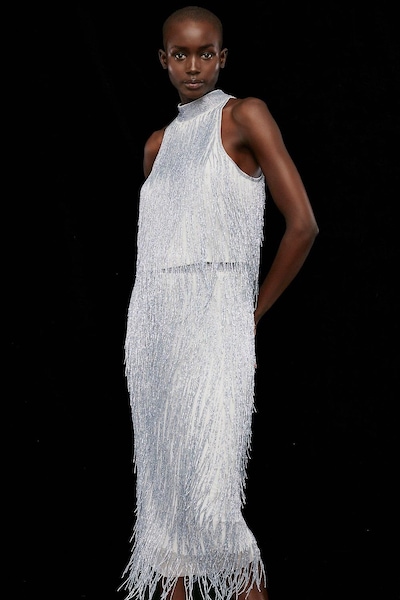 Coast Premium Fringe Embellished Midi Skirt Silver