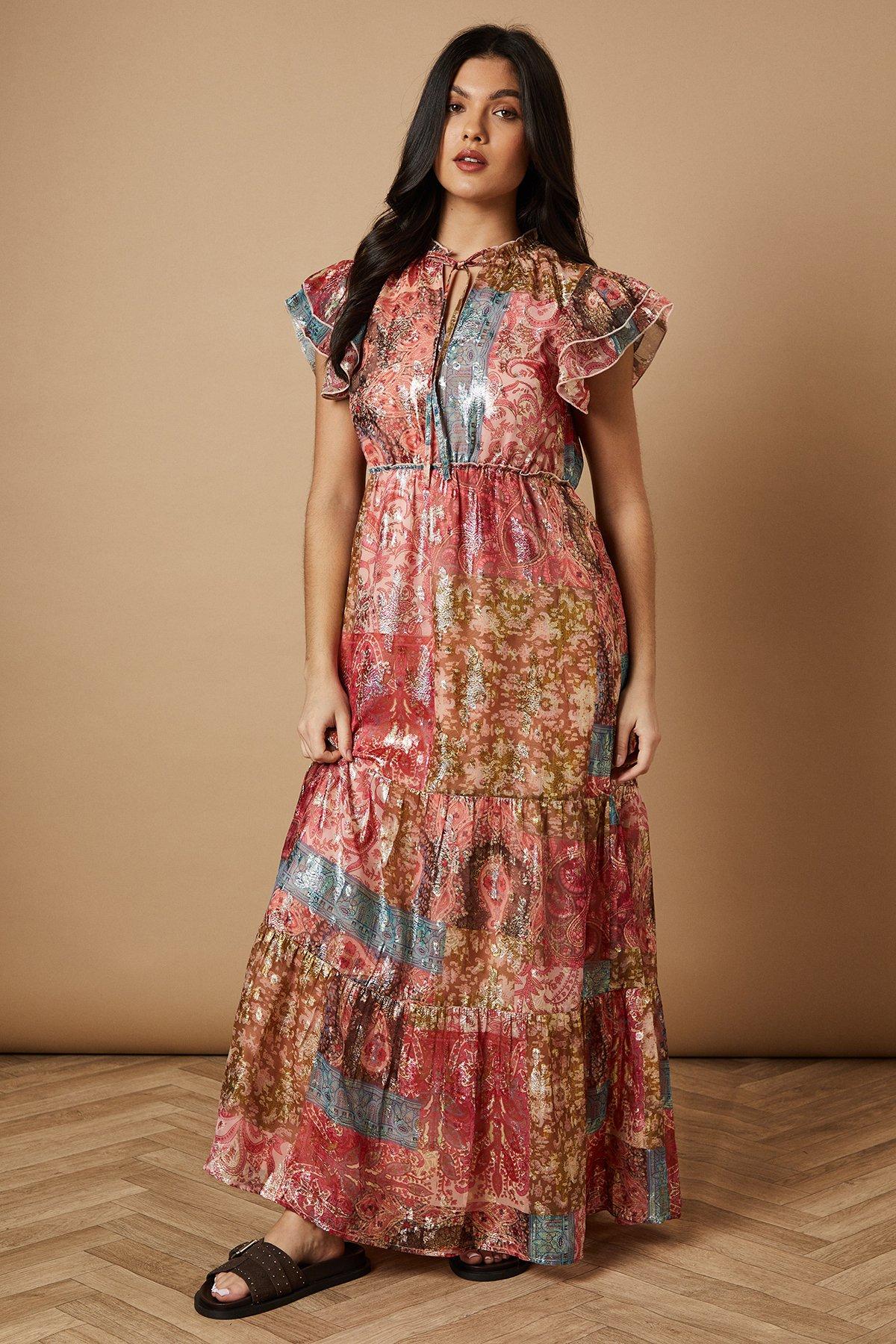 Oasis Patchwork Print Metallic Jacquard Tiered Midi Dress Multi image 2