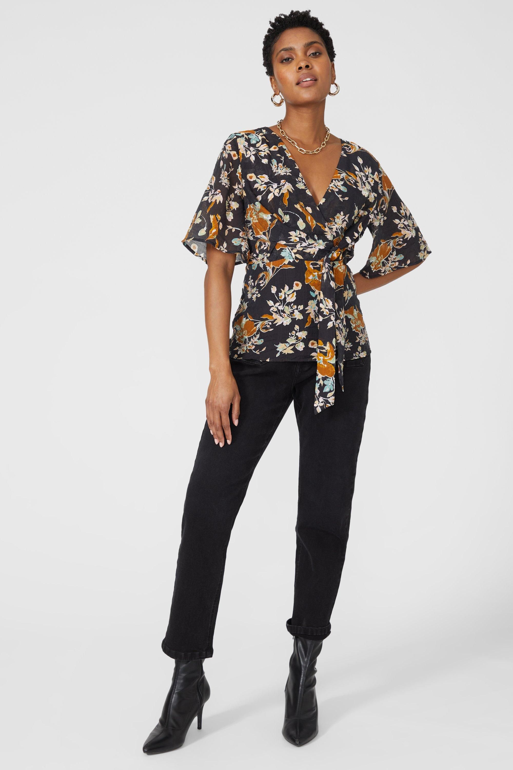 Principles Petite Floral Printed Tie Front Blouse Black image 2